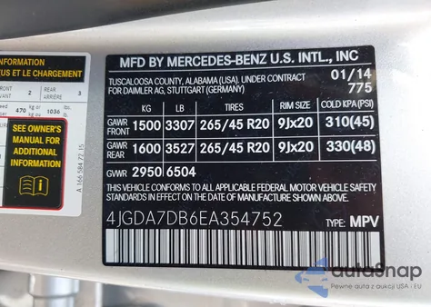 2014 Mercedes-Benz Ml 550 4Matic from USA, damaged, VIN 4JGDA7DB6EA354752